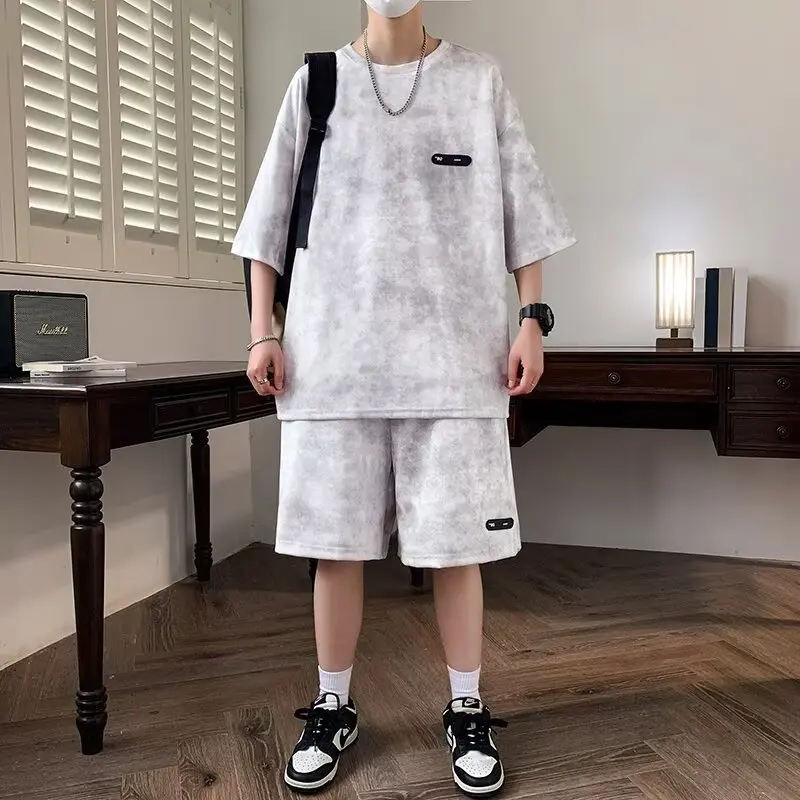 Tie dye letter embroidery short sleeved suit men's summer lazy style T-shirt shorts two-piece set summer trendy brand home cloth