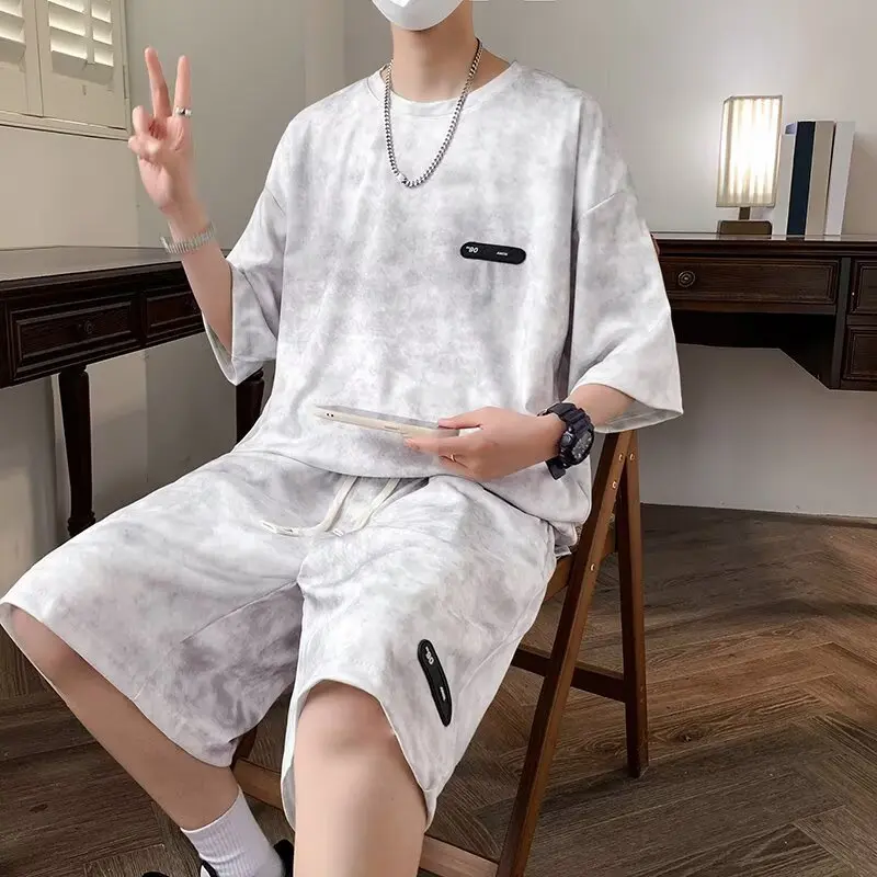 Tie dye letter embroidery short sleeved suit men's summer lazy style T-shirt shorts two-piece set summer trendy brand home cloth