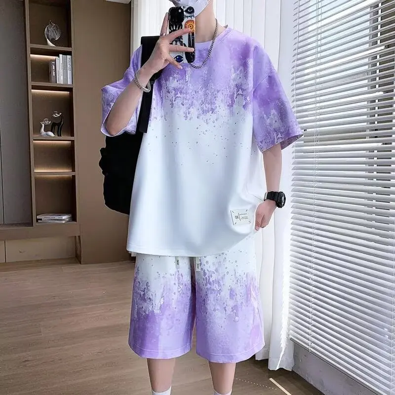 Youth Summer Short sleeved T-shirt Men's Trendy Brand Loose Gradient Handsome Top Men's Half Sleeve Set