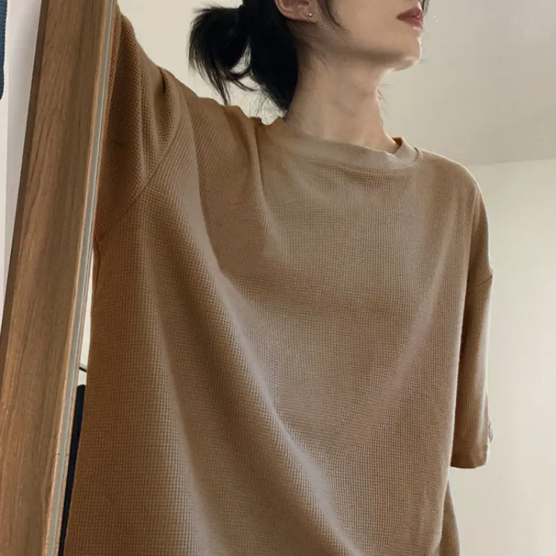Waffle short sleeved round neck back pocket collar summer top for girls, couple outfit T-shirt, lazy style, loose and versatile