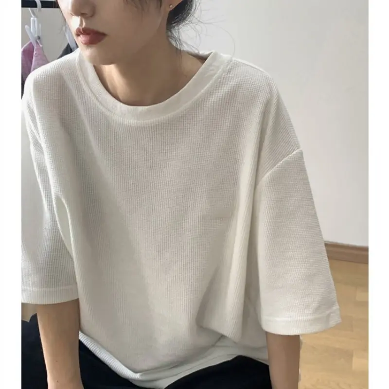 Waffle short sleeved round neck back pocket collar summer top for girls, couple outfit T-shirt, lazy style, loose and versatile