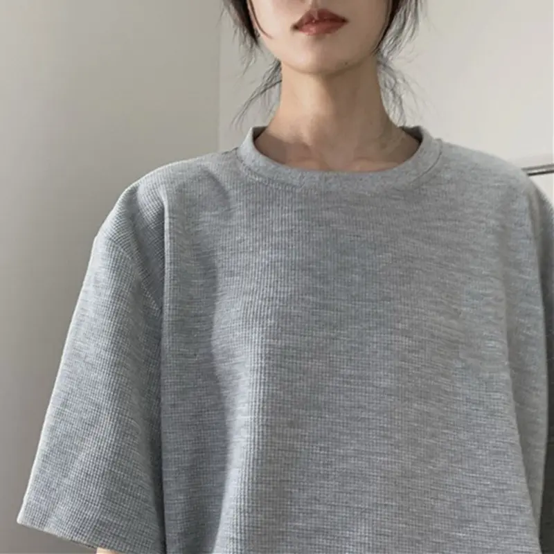 Waffle short sleeved round neck back pocket collar summer top for girls, couple outfit T-shirt, lazy style, loose and versatile