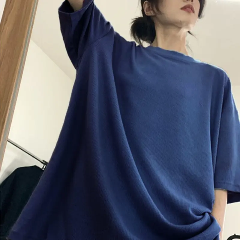 Waffle short sleeved round neck back pocket collar summer top for girls, couple outfit T-shirt, lazy style, loose and versatile