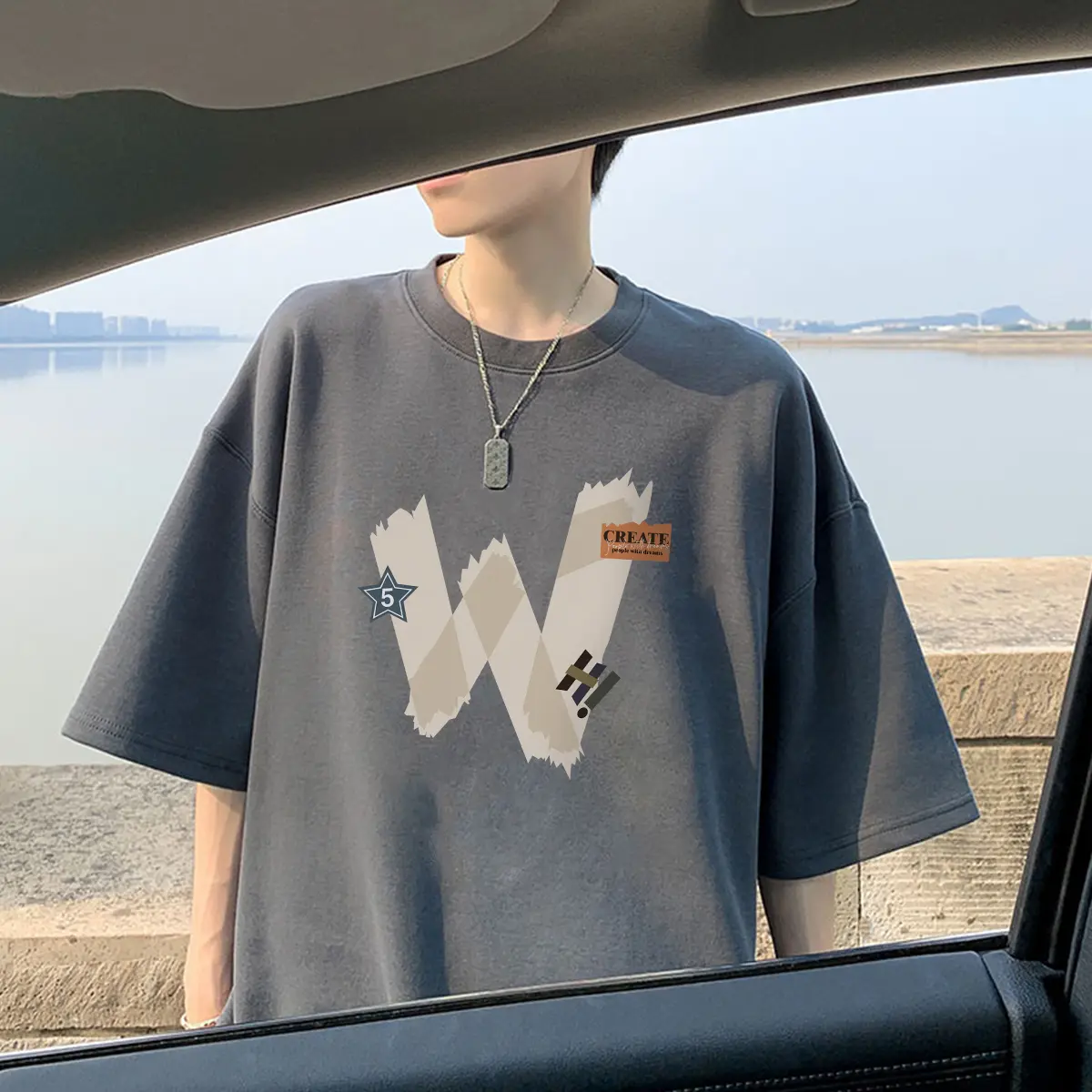 Short sleeved T-shirt men's summer letter printed men's top trendy brand loose sports casual men