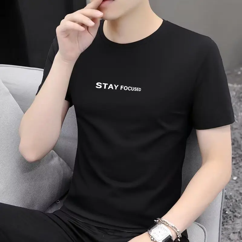 Round neck versatile thin style summer breathable men's short sleeved t-shirt simple new style standard teenage print trendy tre