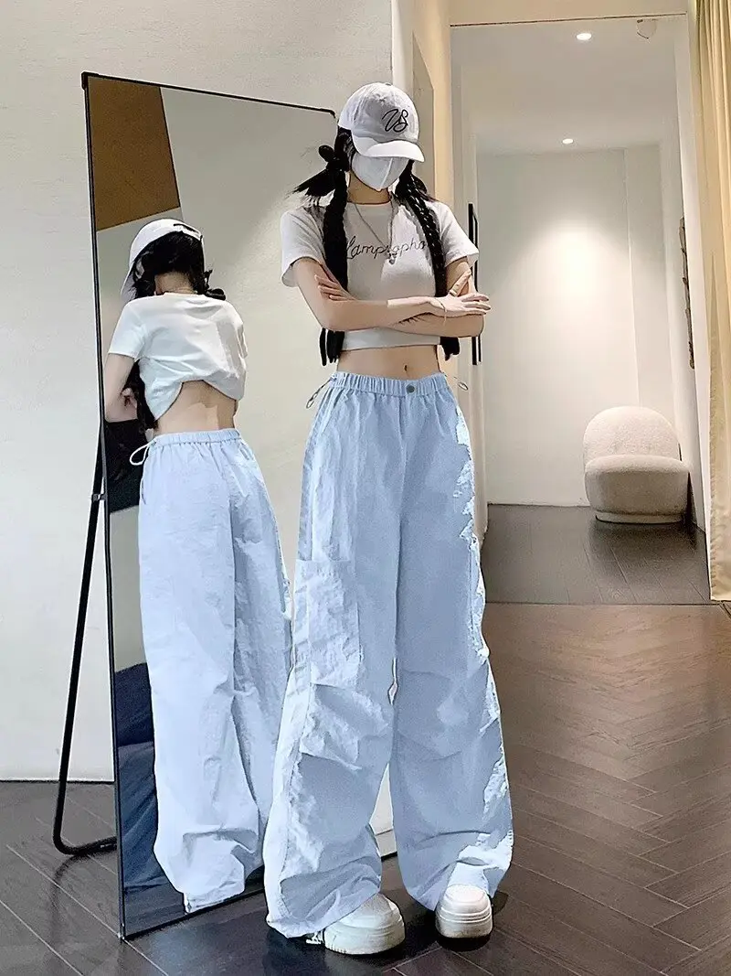 Blue Sunscreen Ice Silk Work Pants Women's Summer Thin Style New Quick Drying Parachute High Waist Sports and Leisure Student Pa