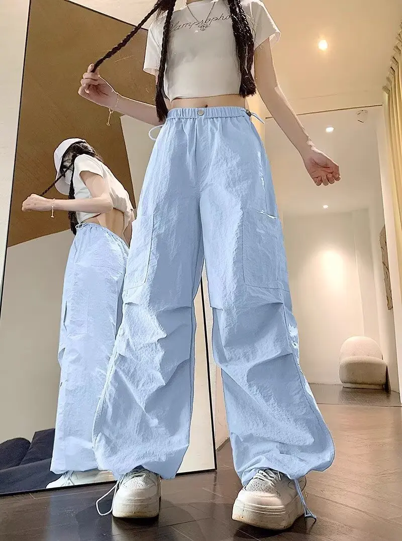 Blue Sunscreen Ice Silk Work Pants Women's Summer Thin Style New Quick Drying Parachute High Waist Sports and Leisure Student Pa
