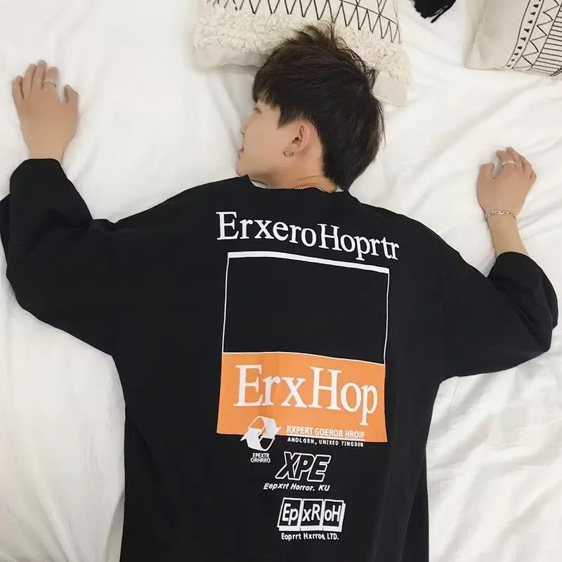 Long sleeved T-shirt, round neck, blue letters, loose inner top, lazy style T-shirt
