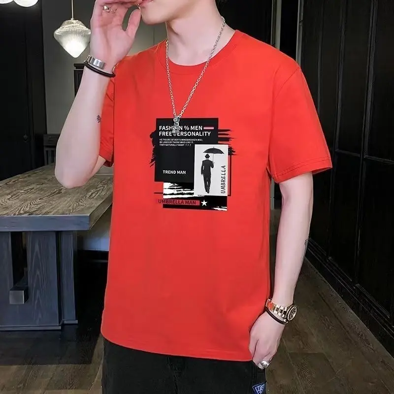 Summer boys' pure cotton short sleeved breathable loose versatile T-shirt with top collar printed T-shirt for men