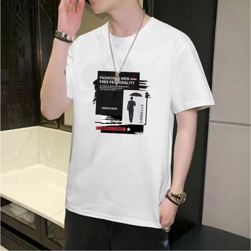 Summer boys' pure cotton short sleeved breathable loose versatile T-shirt with top collar printed T-shirt for men