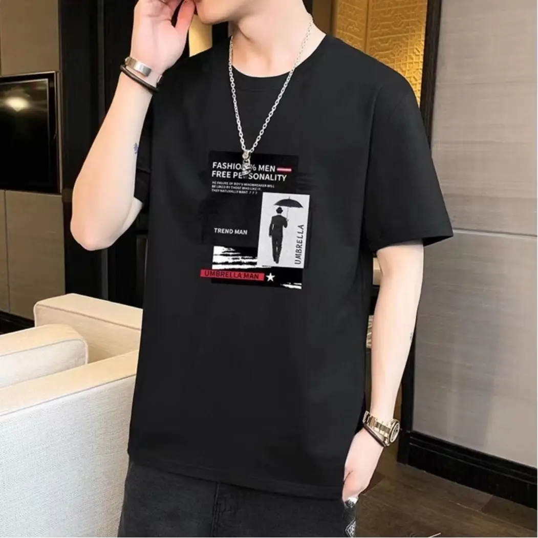 Summer boys' pure cotton short sleeved breathable loose versatile T-shirt with top collar printed T-shirt for men