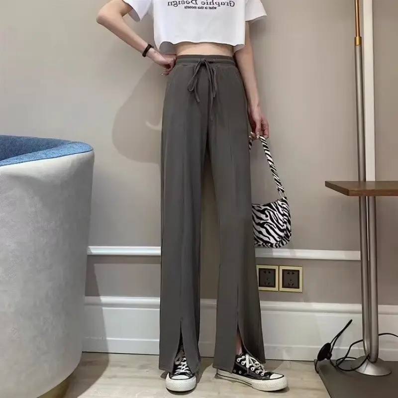 Split wide leg pants for women, ice silk extra large, high waist slimming, casual drape, loose straight and simple floor pants