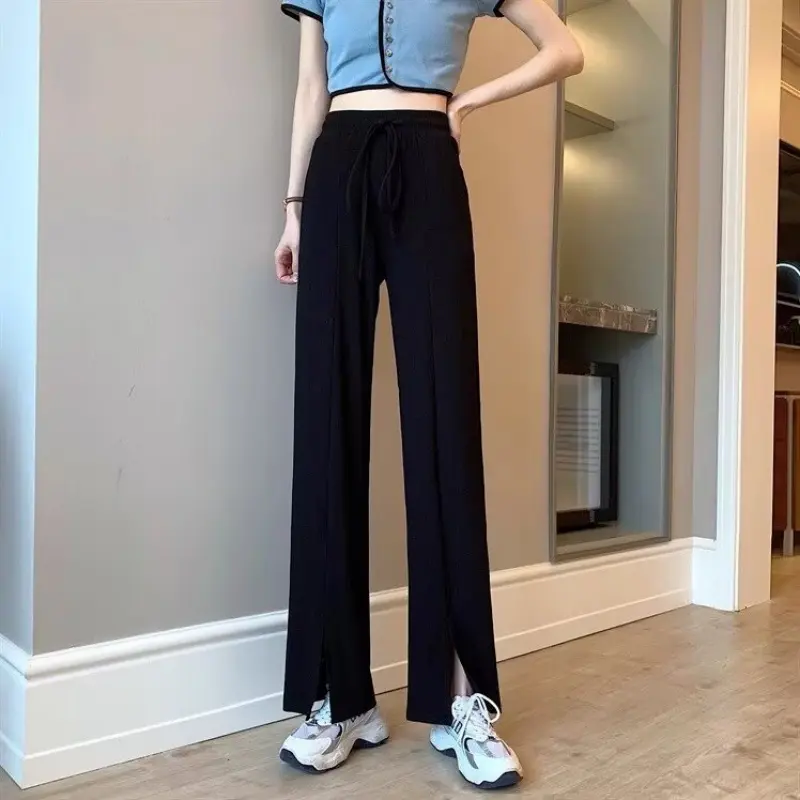 Split wide leg pants for women, ice silk extra large, high waist slimming, casual drape, loose straight and simple floor pants