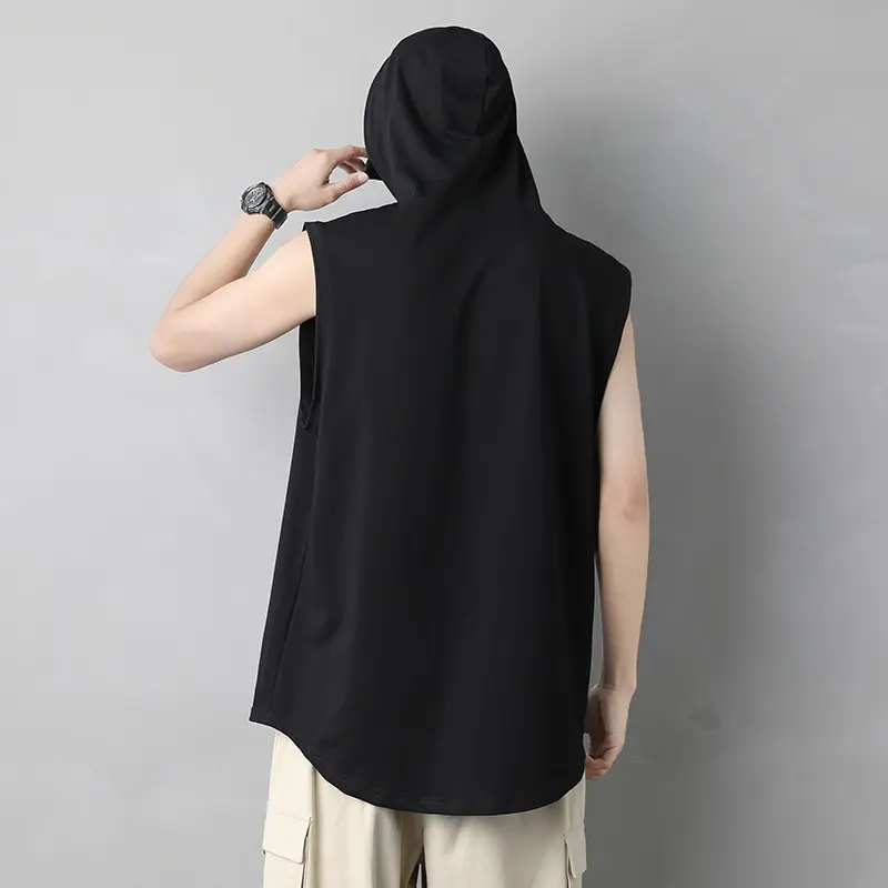 Sports wide shoulder running hooded vest men's hoodie small shirt black solid color sleeveless t-shirt summer trendy outerwear c