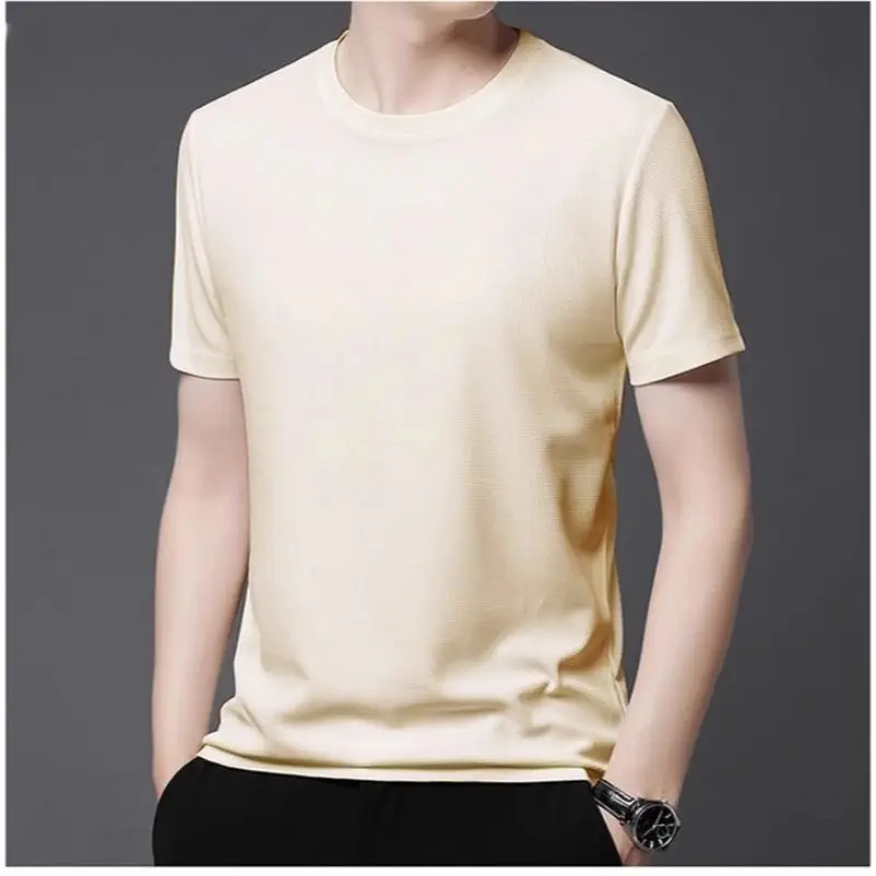 Men's waffle style short sleeved T-shirt with back pocket collar, solid color summer T-shirt top, breathable, middle-aged and yo