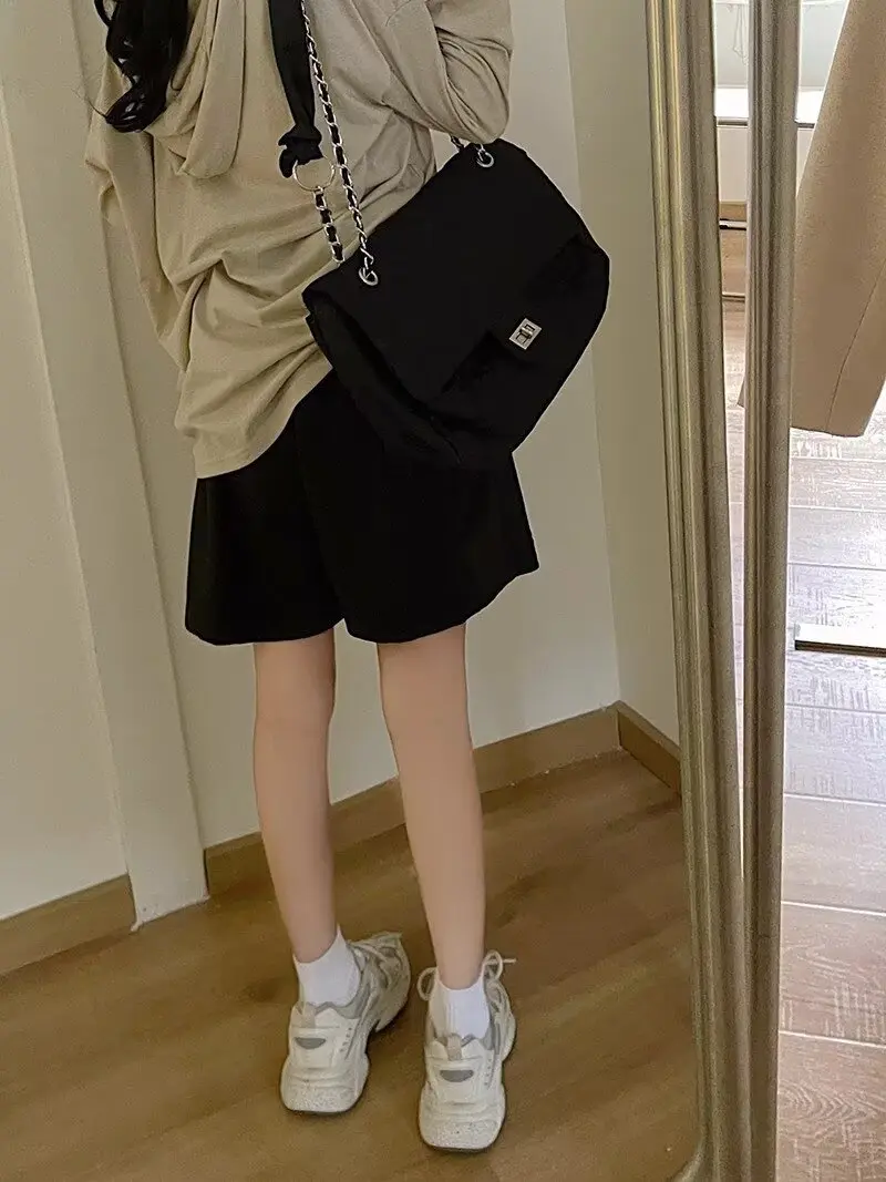 High waisted embroidered sports shorts for women, loose and wide leg straight leg cropped pants, versatile and slimming, casual