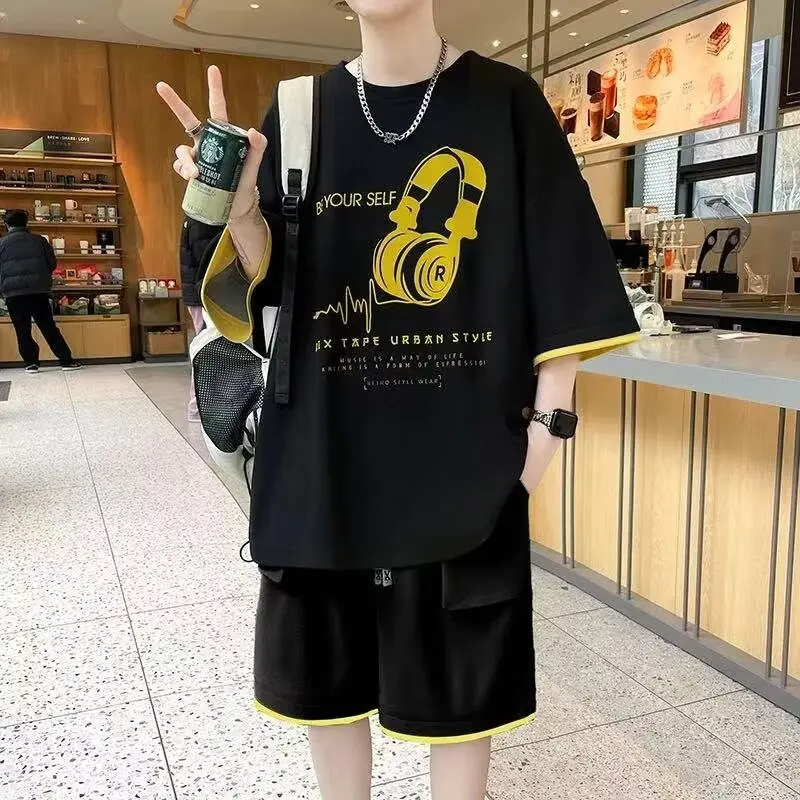 Summer short sleeved shorts set for boys, trendy brand set for teenagers, Hong Kong style T-shirt two-piece set
