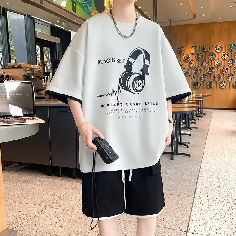 Summer short sleeved shorts set for boys, trendy brand set for teenagers, Hong Kong style T-shirt two-piece set
