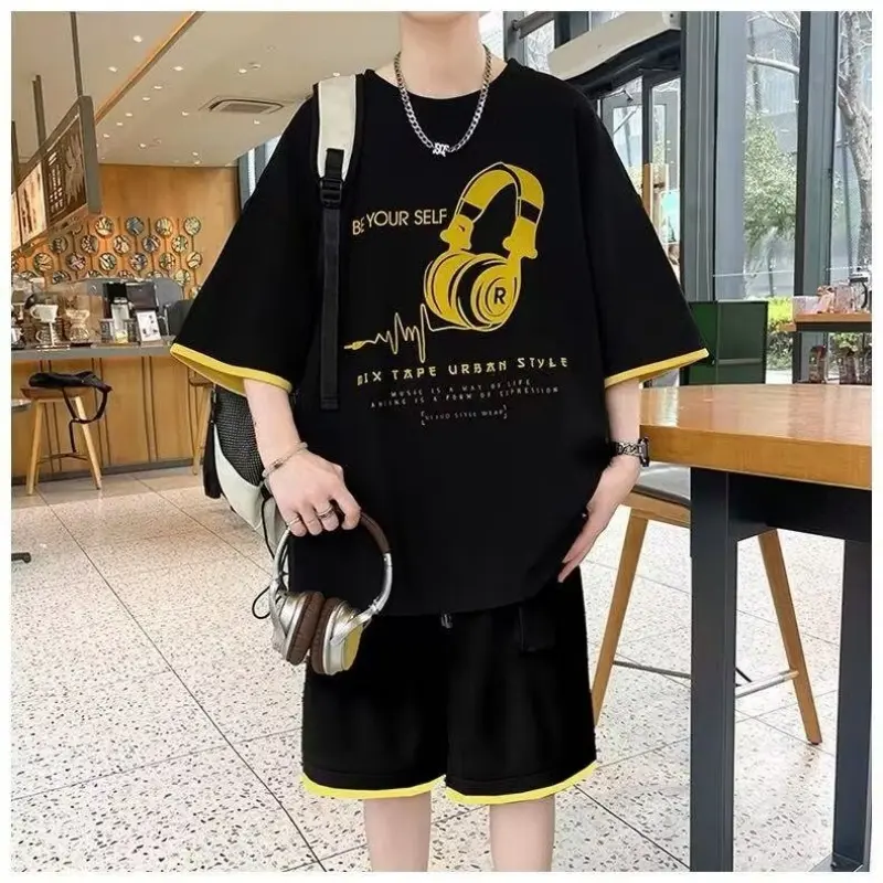 Summer short sleeved shorts set for boys, trendy brand set for teenagers, Hong Kong style T-shirt two-piece set