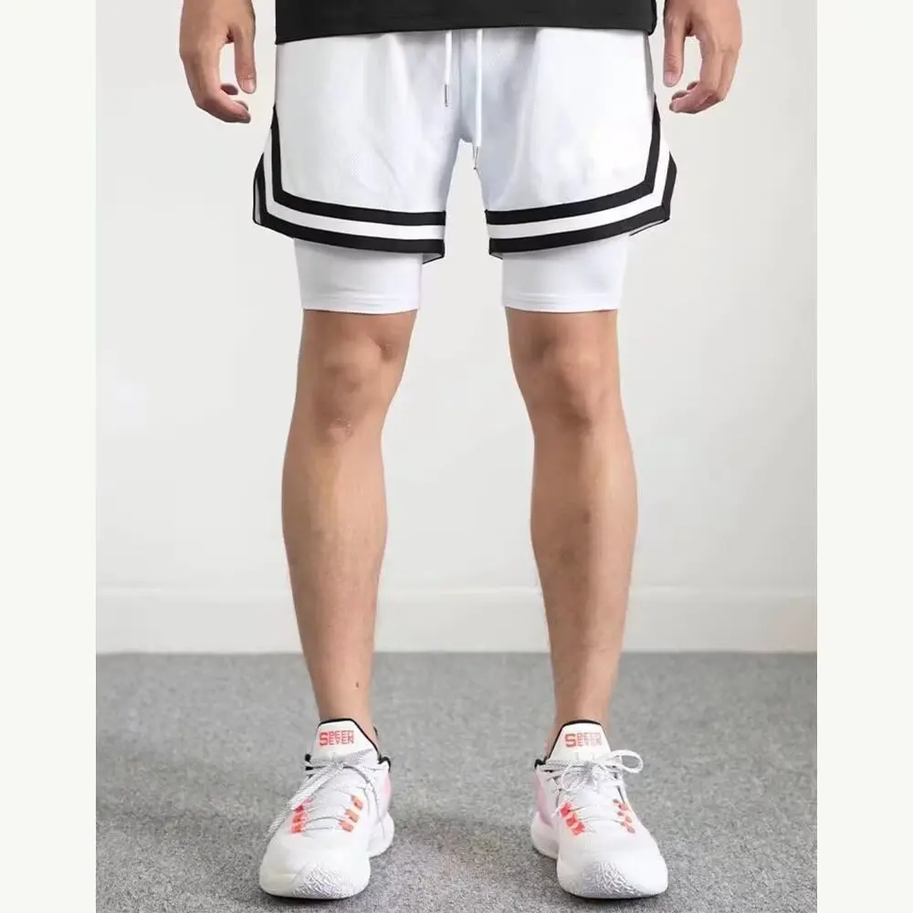 Basketball shorts below knee, double layered fake, two pieces, three point training, running, fitness pants, men's