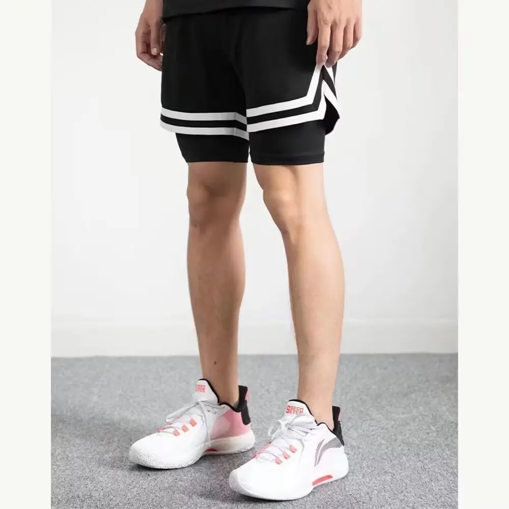 Basketball shorts below knee, double layered fake, two pieces, three point training, running, fitness pants, men's