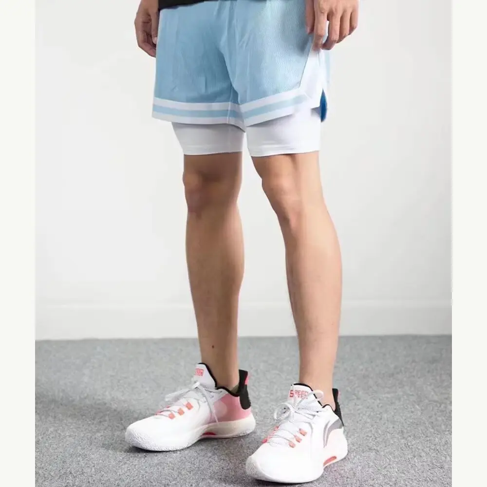 Basketball shorts below knee, double layered fake, two pieces, three point training, running, fitness pants, men's