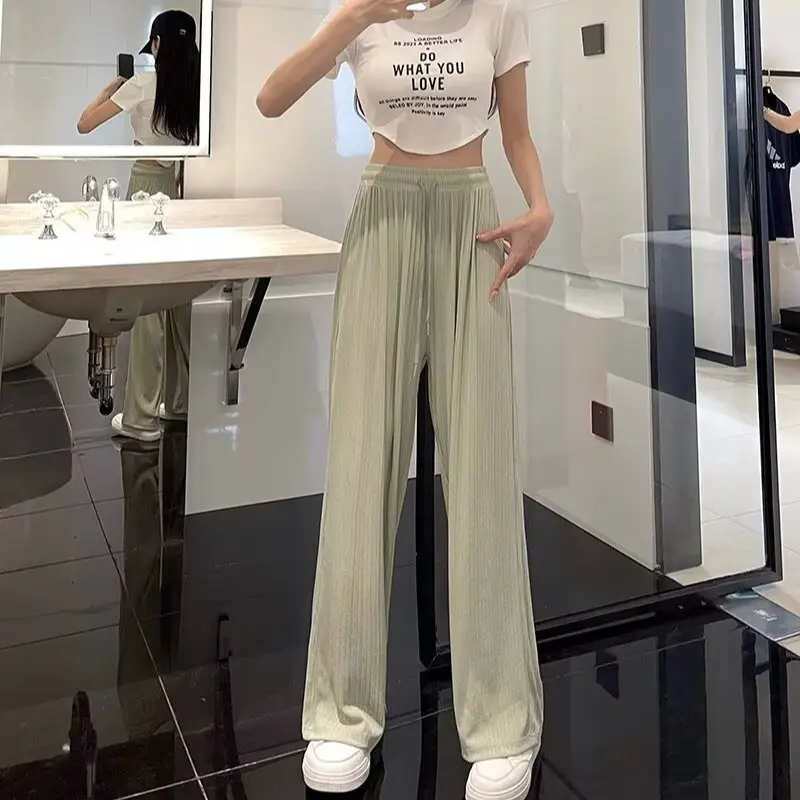 Ice silk wide leg pants for women in summer, new thin style, high-end hanging casual straight leg running and floor dragging pan