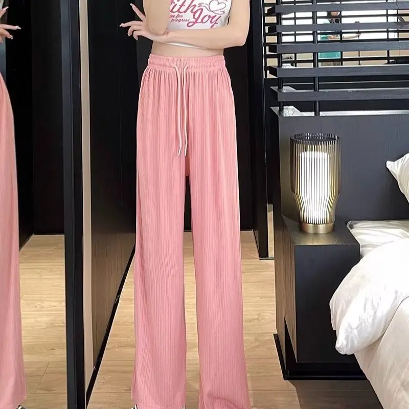 Ice silk wide leg pants for women in summer, new thin style, high-end hanging casual straight leg running and floor dragging pan