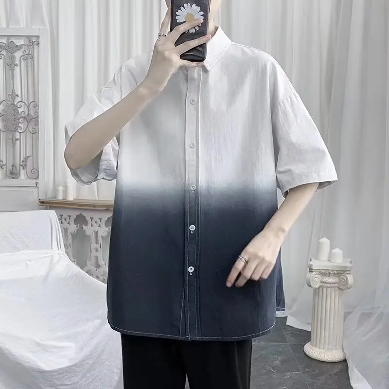 Minimalist and unbranded trendy ins ice silk gradient short sleeved shirt jacket, fashionable and versatile, lazy new style Hara