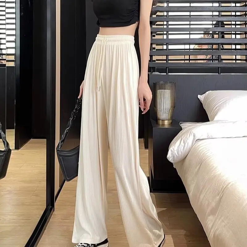 Ice silk wide leg pants for women in summer, new thin style, high-end hanging casual straight leg running and floor dragging pan