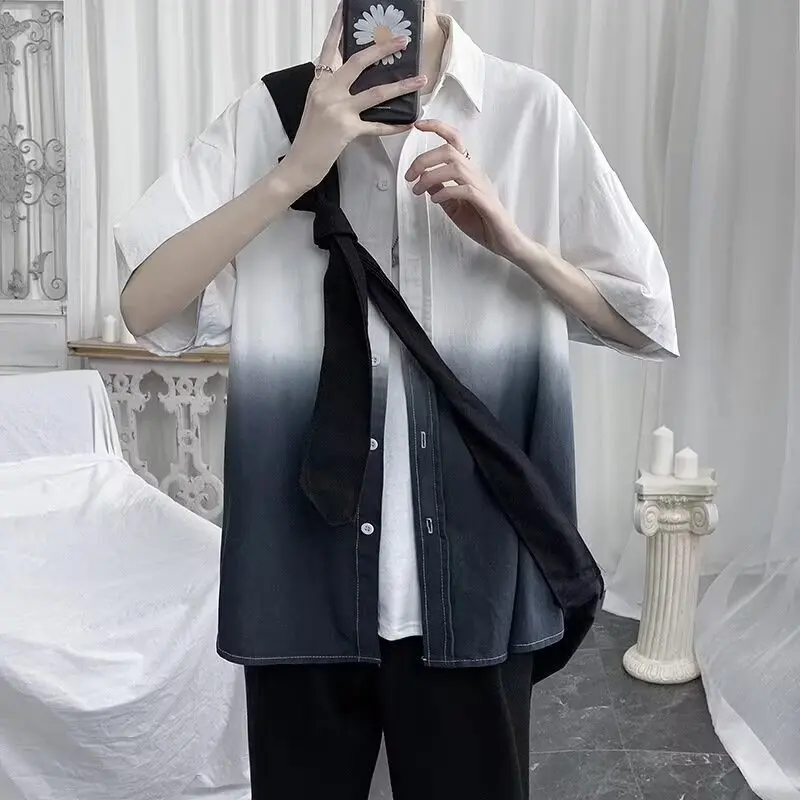 Minimalist and unbranded trendy ins ice silk gradient short sleeved shirt jacket, fashionable and versatile, lazy new style Hara
