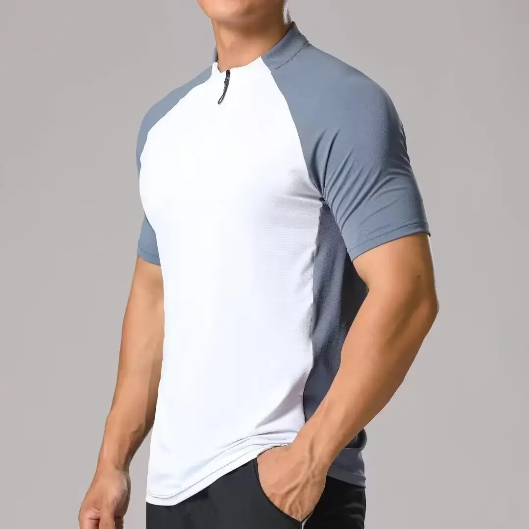 Sports T-shirt men's half zip stand up collar quick drying short sleeved running top summer sports training tennis clothes
