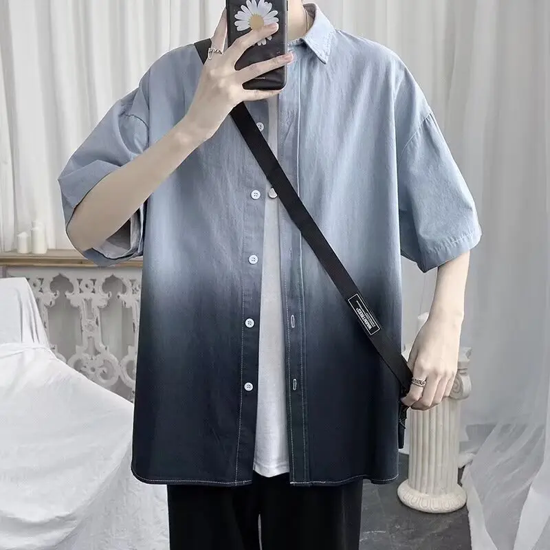 Minimalist and unbranded trendy ins ice silk gradient short sleeved shirt jacket, fashionable and versatile, lazy new style Hara