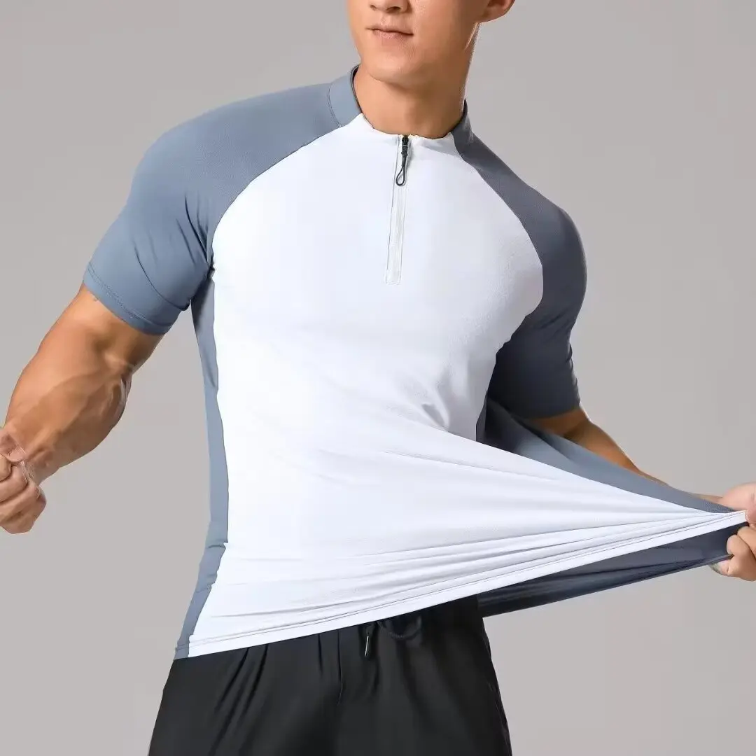 Sports T-shirt men's half zip stand up collar quick drying short sleeved running top summer sports training tennis clothes