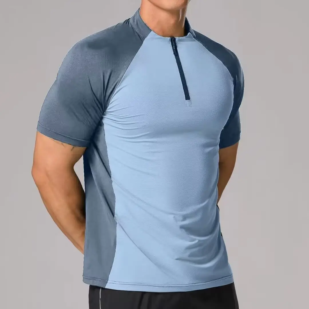 Sports T-shirt men's half zip stand up collar quick drying short sleeved running top summer sports training tennis clothes