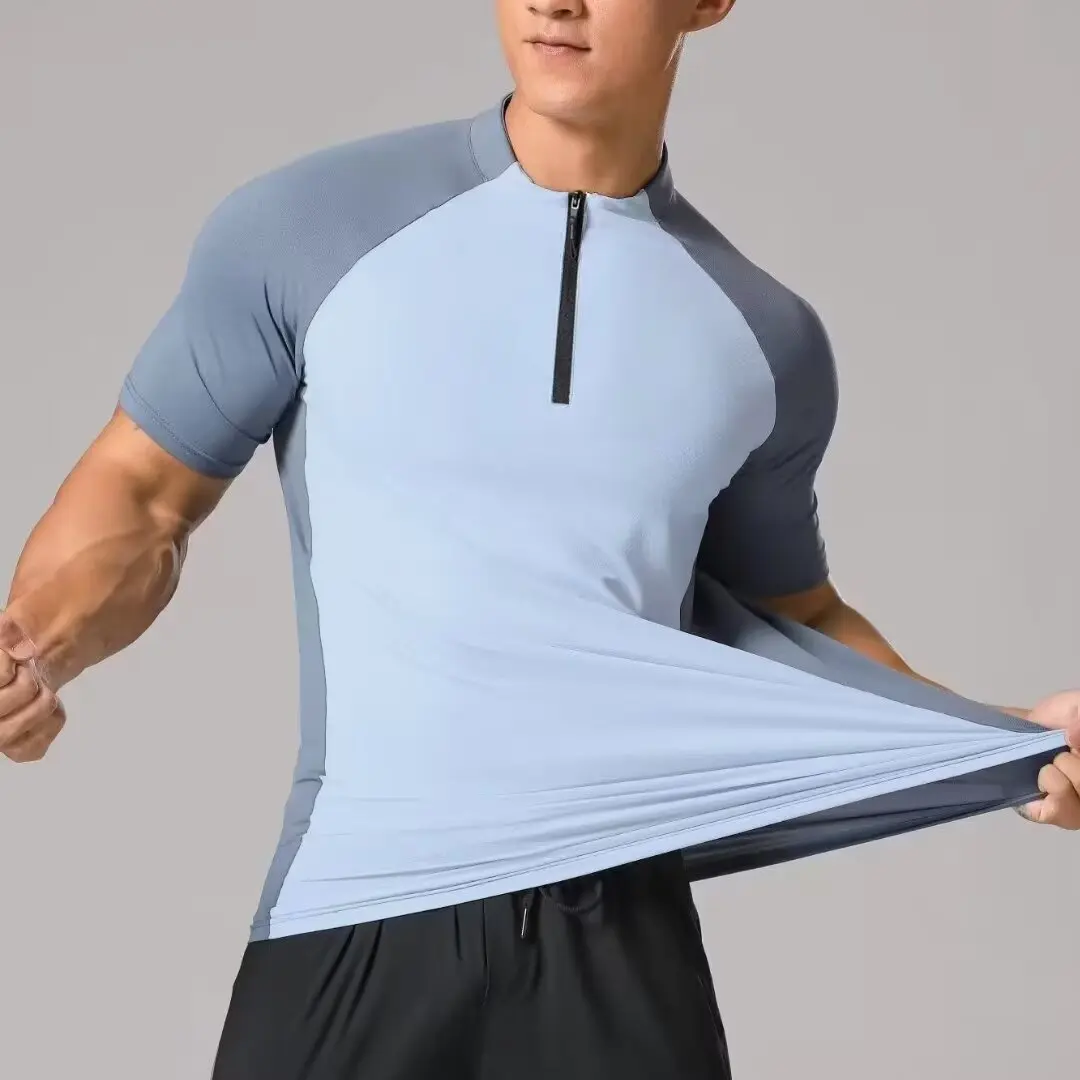 Sports T-shirt men's half zip stand up collar quick drying short sleeved running top summer sports training tennis clothes