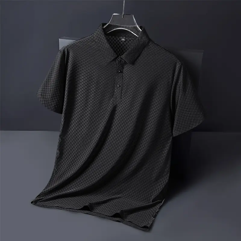 Spring and summer new nylon spandex men's short sleeved men's T-shirt, men's ice silk traceless plaid thin business lapel polo s