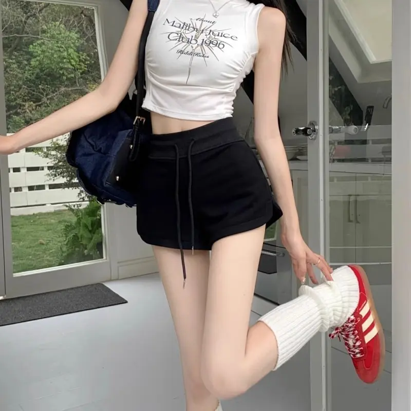 Grey sports shorts, white casual pants, women's summer high waisted straight leg pants, versatile black pants