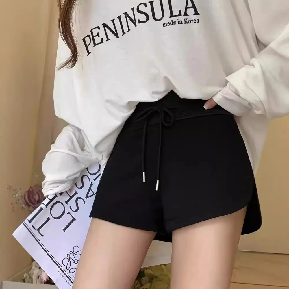 Grey sports shorts, white casual pants, women's summer high waisted straight leg pants, versatile black pants