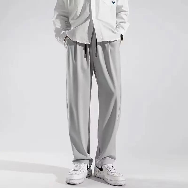 Summer new ice silk straight leg casual pants for men, thin and cool, simple and versatile, loose and hanging, wide leg casual p