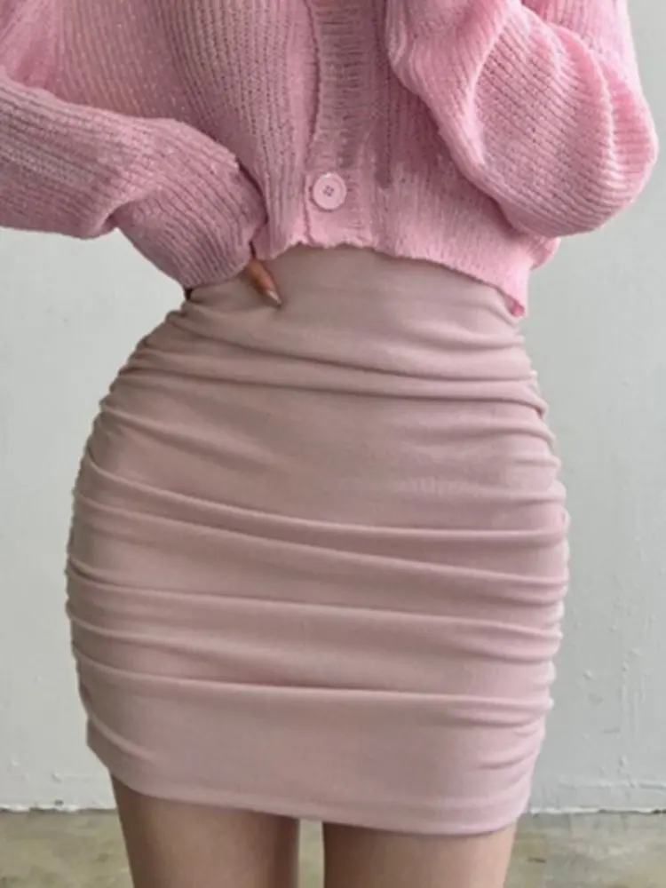 2025 Sexy High Waist Mini Skirts for Women Elastic Slim Short Hip Fold Skirt Korean Fashion Cotton Pencil Streetwear Solid Skirt