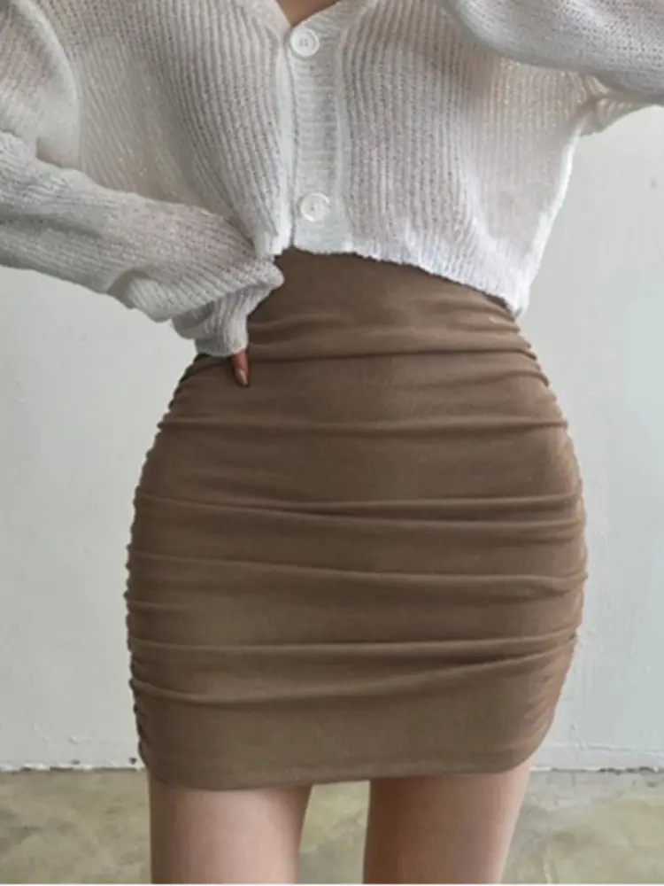 2025 Sexy High Waist Mini Skirts for Women Elastic Slim Short Hip Fold Skirt Korean Fashion Cotton Pencil Streetwear Solid Skirt