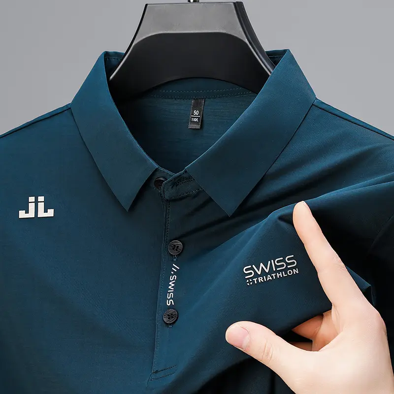 Ice Silk Cool Soft Men's Short Sleeved T-shirt 2024 Summer Printed Business Casual T-shirt Lapel Tops