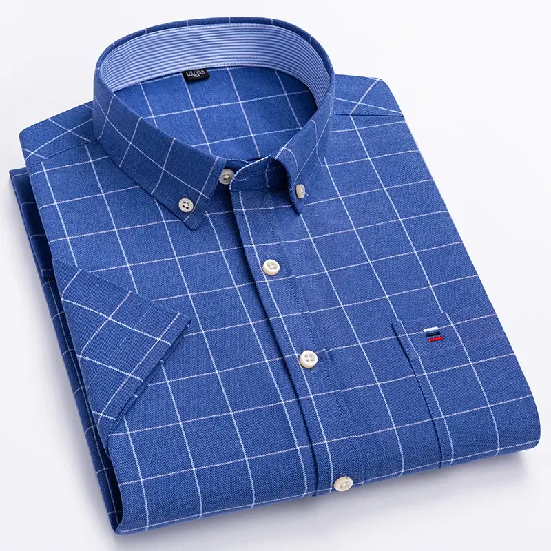 New Men's Social Shirt Short Sleeve 100% Pure Cotton Oxford Soft Buttoned Plaid Formal Male Clothes Pocket Social Shirt S-7XL