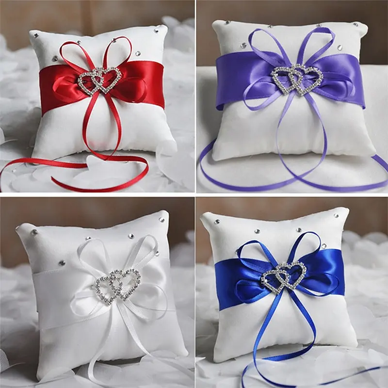 1Pcs 10*10cm Sparkling Rhinestones Wedding Ring Pillow Wedding Bridal Bowknot Double Heart Ring Bearer Pillow