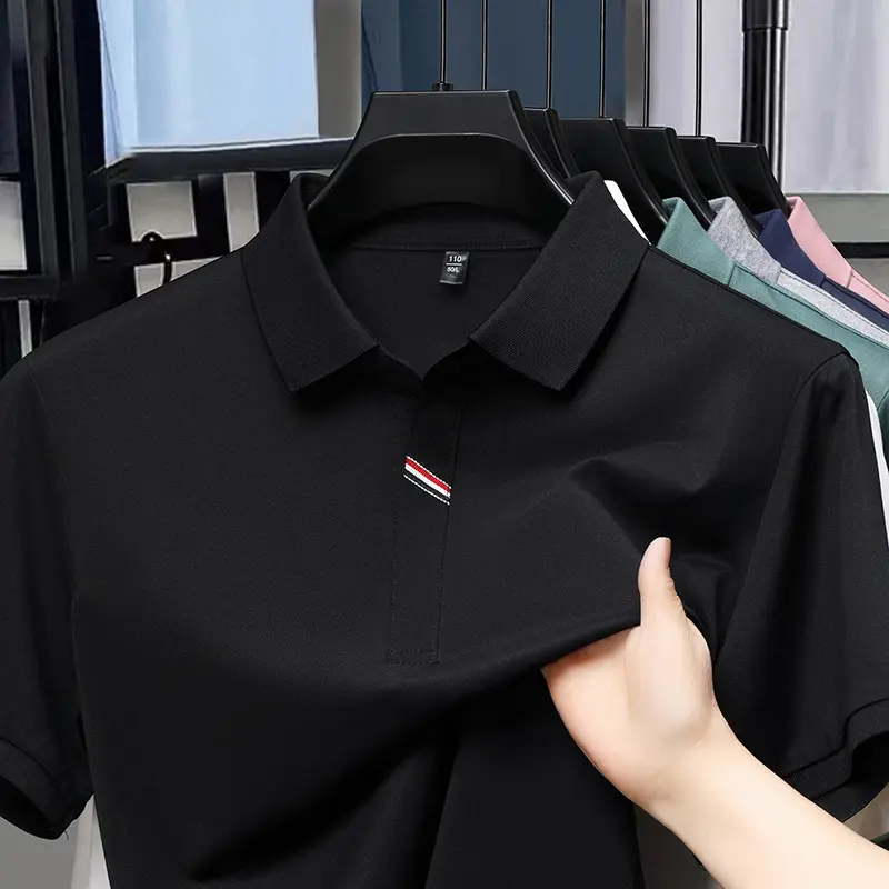Summer Scissors Collar Ice Silk Short Sleeved T-shirt for Men 2025 Summer New Collection Flip Collar Men's Polo Shirt