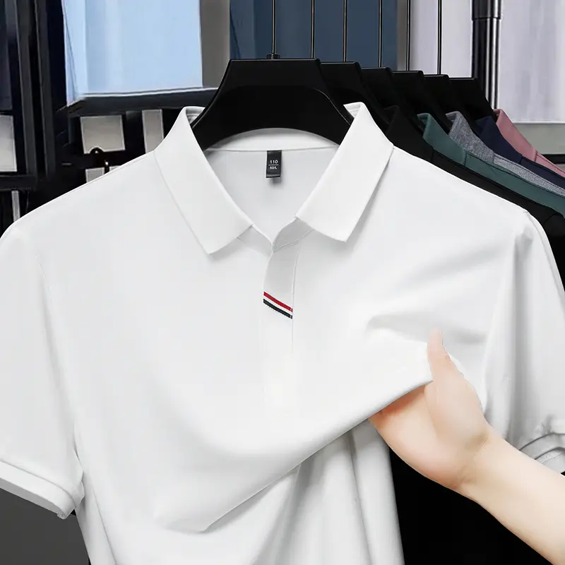 Summer Scissors Collar Ice Silk Short Sleeved T-shirt for Men 2025 Summer New Collection Flip Collar Men's Polo Shirt