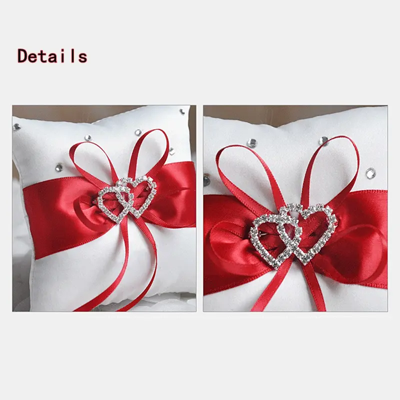 1Pcs 10*10cm Sparkling Rhinestones Wedding Ring Pillow Wedding Bridal Bowknot Double Heart Ring Bearer Pillow