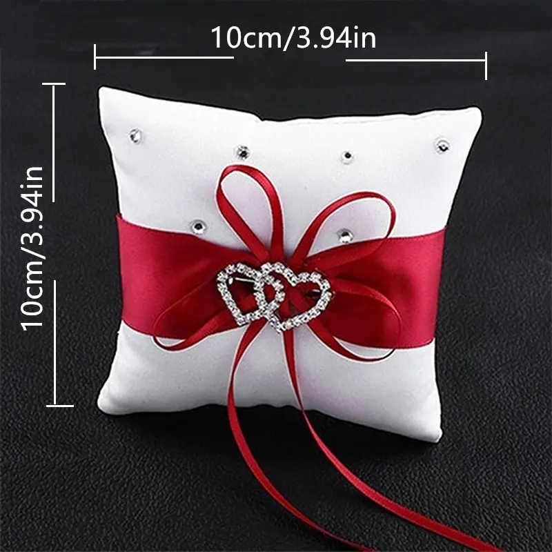 1Pcs 10*10cm Sparkling Rhinestones Wedding Ring Pillow Wedding Bridal Bowknot Double Heart Ring Bearer Pillow
