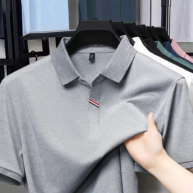 Summer Scissors Collar Ice Silk Short Sleeved T-shirt for Men 2025 Summer New Collection Flip Collar Men's Polo Shirt